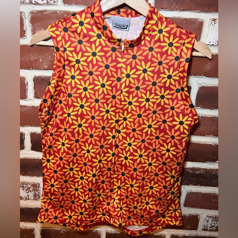 TREK Women’s Vintage Sleeveless Bicycling Jersey Orange & Yellow Daisies Medium